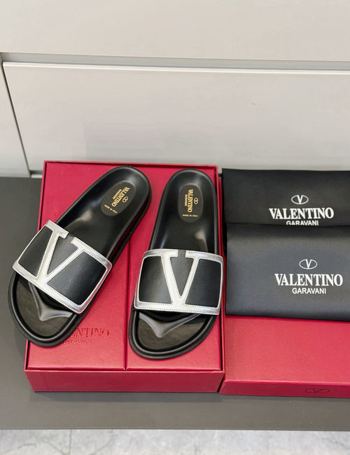 Valentino Hollow V Hardware Leather Slippers