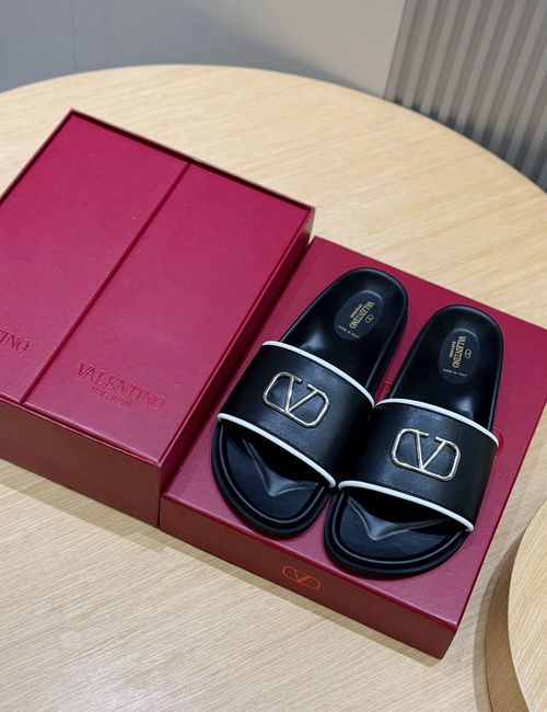 Valentino Hollow V Hardware Leather Slippers