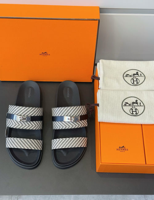 Hermes Leather Slippers Metal Buckle Cowhide Upper