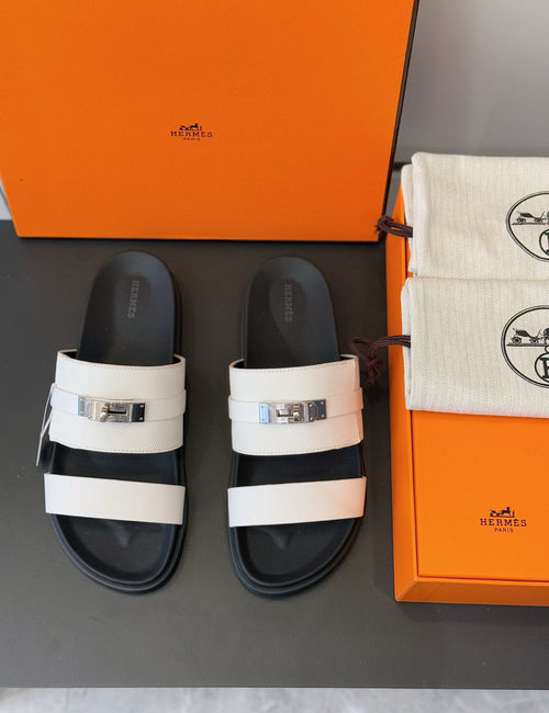 Hermes Leather Slippers Metal Buckle Cowhide Upper