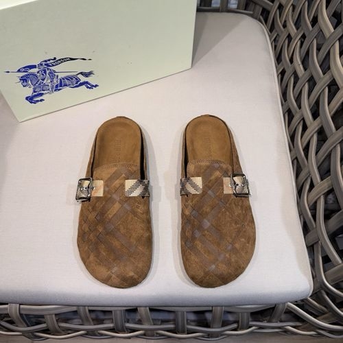 Burberry Plaid Suede Mules With Adjustable Buckle