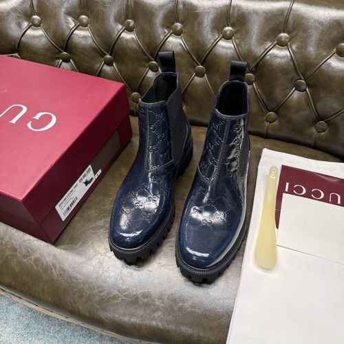 Gucci Blue Rub-off Patent Leather Classic Loafers GG Embossed