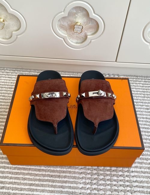 Hermes Kelly Buckle Thong Cowhide Leather Slippers