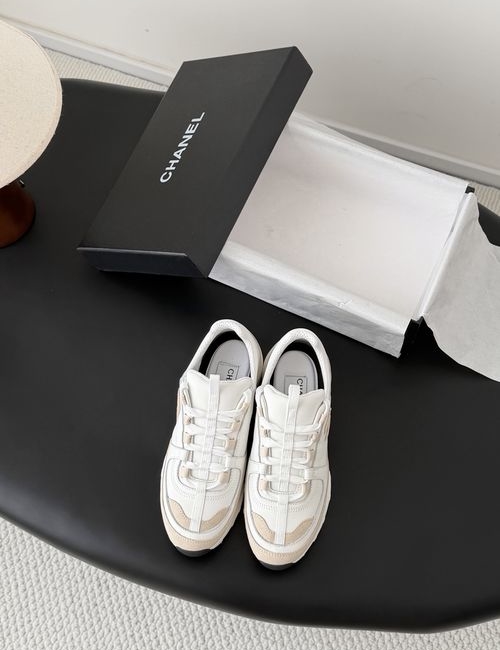 Chanel Versatile White Sneakers, Color Block Design, Side Embossed Logo, Original Material Upper