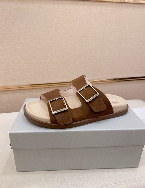Brunello Cucinelli BC Suede Leather Adjustable Slide Sandals