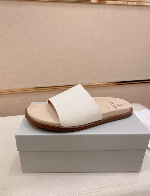 Brunello Cucinelli BC Grained Leather Adjustable Slide Sandals