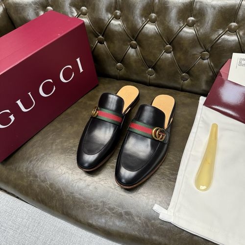 Gucci Calfskin Mules Webbing Gold Buckle Apricot Lining