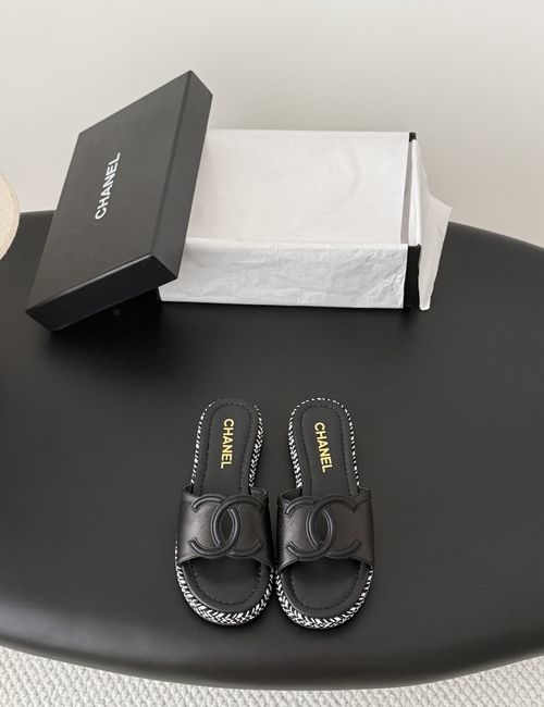 Chanel Woven Slides With Calfskin Upper And Sheepskin Lining
