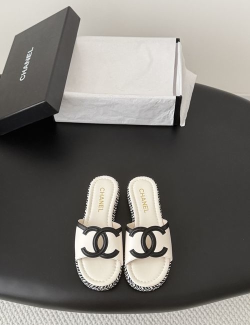 Chanel Woven Slides With Calfskin Upper And Sheepskin Lining