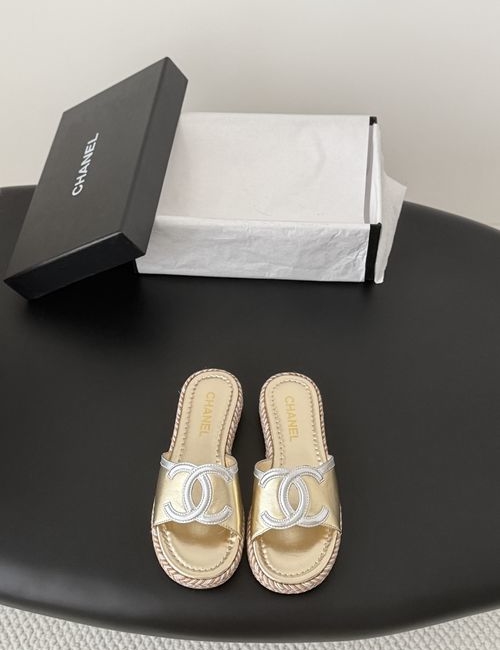 Chanel Woven Slides With Calfskin Upper And Sheepskin Lining