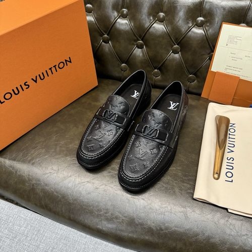 Louis Vuitton LV Black Litchi Grain White Stitch Shoes
