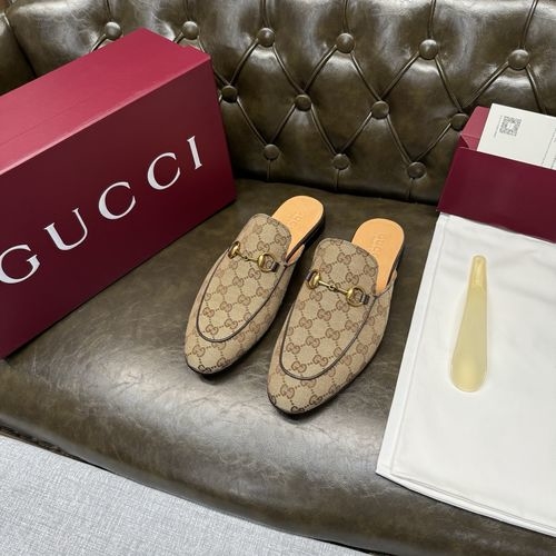 Gucci Brown Canvas Mule Gold Buckle Apricot Lining