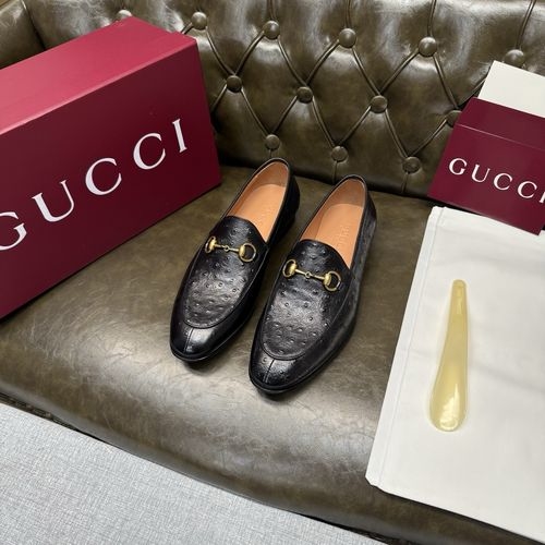Gucci Ostrich-embossed Black Calfskin Leather Shoes