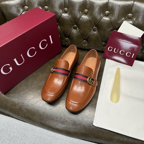 Gucci Light Brown Calfskin Woven Strap Leather Shoes