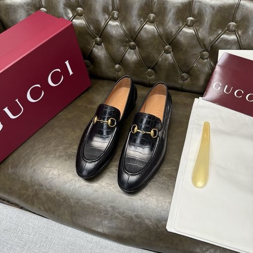 Gucci Slip-on Croc-embossed Black Leather Shoes