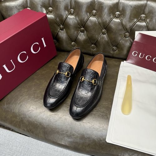 Gucci Slip-on Croc-embossed Black Leather Shoes