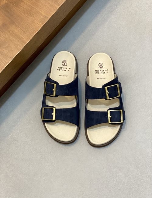 Brunello Cucinelli BC Suede Slide Slippers Adjustable Buckle Leather Sole