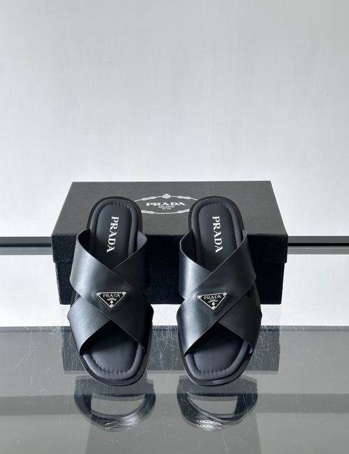 Prada Cross Strap Leather Slides