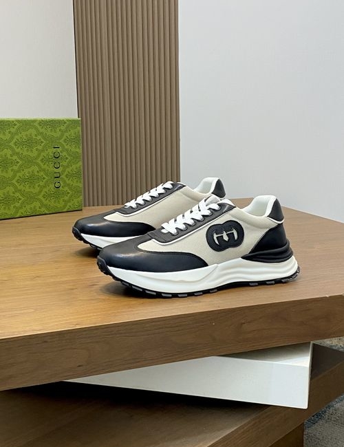 Gucci Leather Mesh Casual Sneakers With Dual-color Sole
