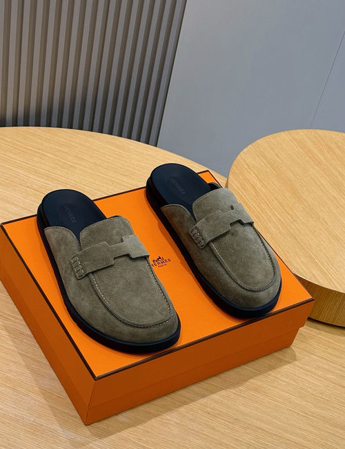 Hermes Go Mules Suede Calfskin Rubber Sole