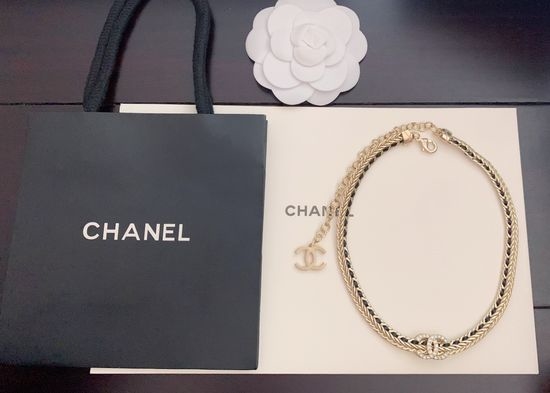 Chanel Black Leather Cord Brass Necklace