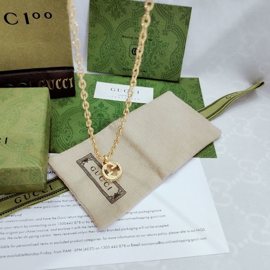 Gucci Engraved Pattern Pendant Gold Necklace