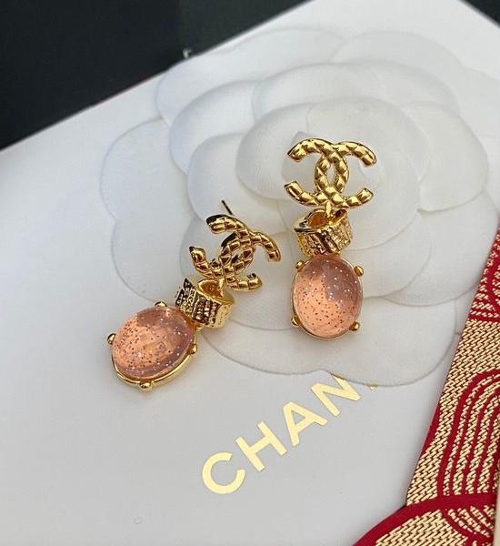 Chanel Pink Gem Carved Letter Stud Earrings