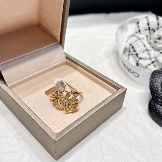 Chanel Square Diamond Flower Feather Open Ring