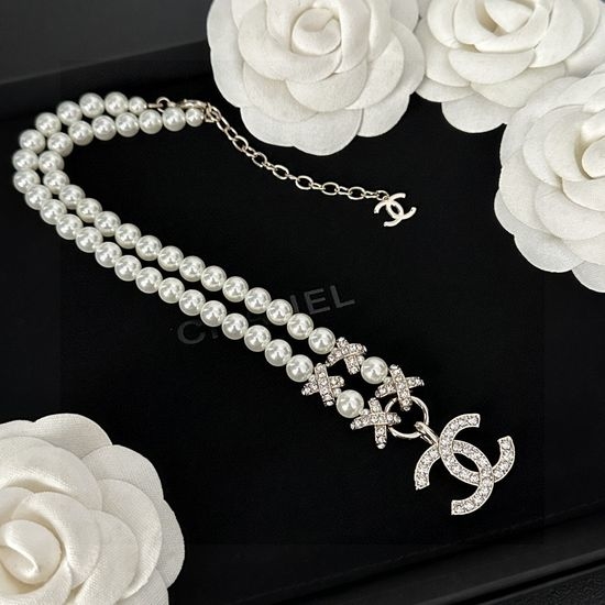Chanel Crystal Cross Pearl Pendant Necklace Elegant