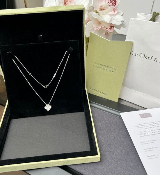 Van Cleef & Arpels VCA White Gold Engraved Clover Necklace