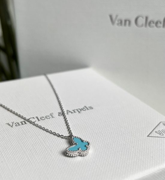 Van Cleef & Arpels VCA Turquoise Butterfly Necklace White Gold Finish