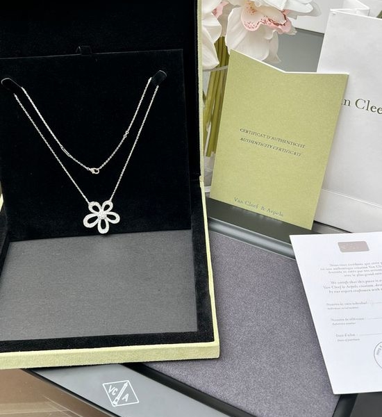 Van Cleef & Arpels VCA Diamond Floral Clavicle Necklace Sterling Silver