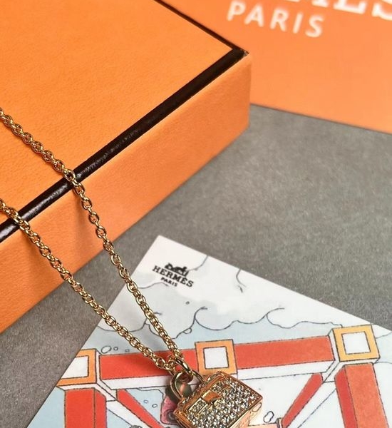 Hermes Rose Gold Full Diamond Pendant Necklace