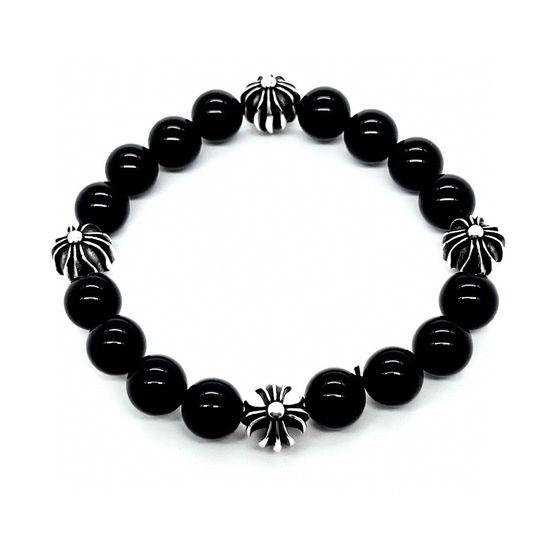 Chrome Hearts Stylish Black Obsidian Bead Bracelet