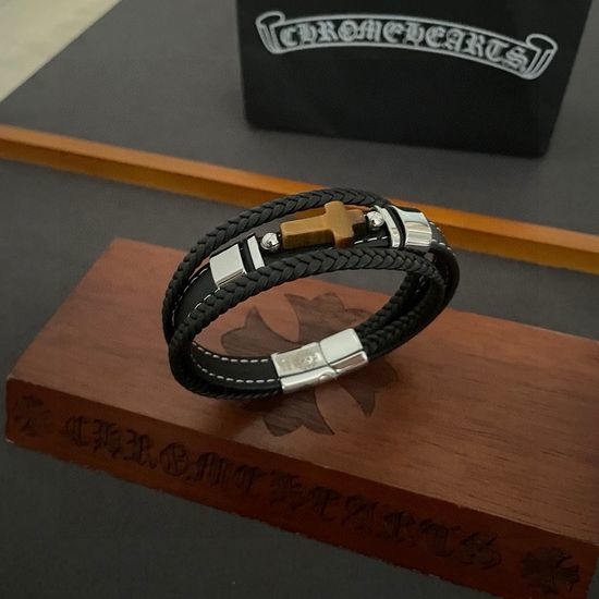 Chrome Hearts Tiger Eye Cross Leather Rope Bracelet
