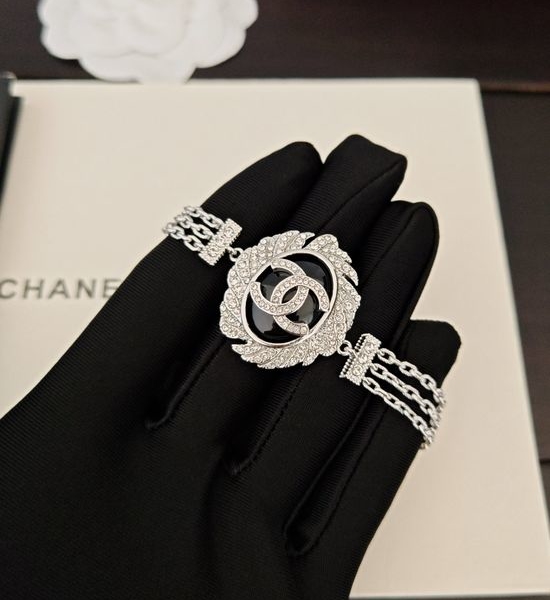 Chanel Full Rhinestone Oval Black 3 Layer Bracelet