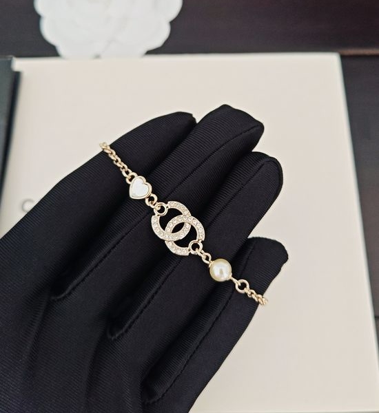 Chanel Diamond Paved Heart Pearl Bracelet