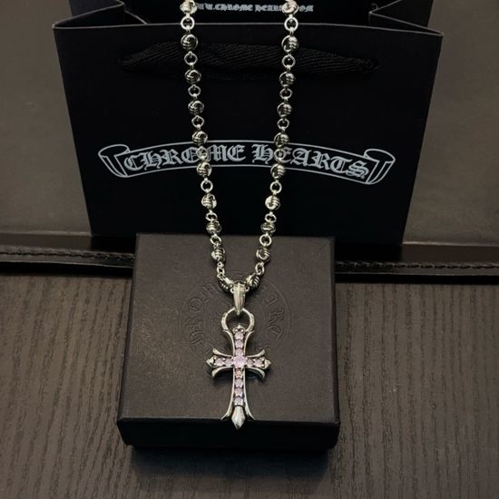 Chrome Hearts Floral Cross Pendant Necklace With Rhinestone