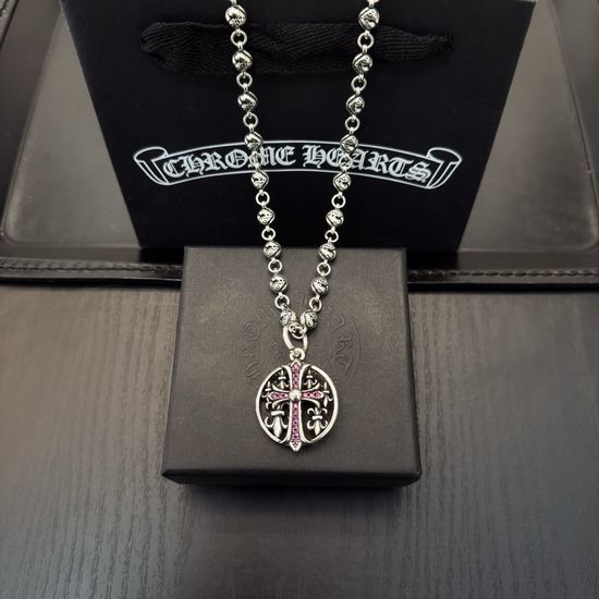 Chrome Hearts Vintage Pink Rhinestone Cross Necklace