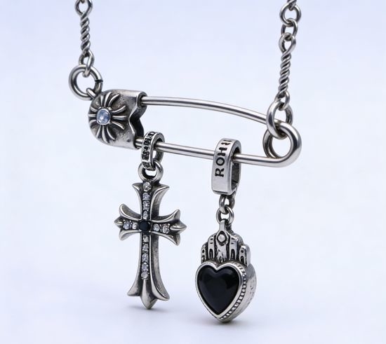 Chrome Hearts Handmade Silver Layered Brooch Necklace