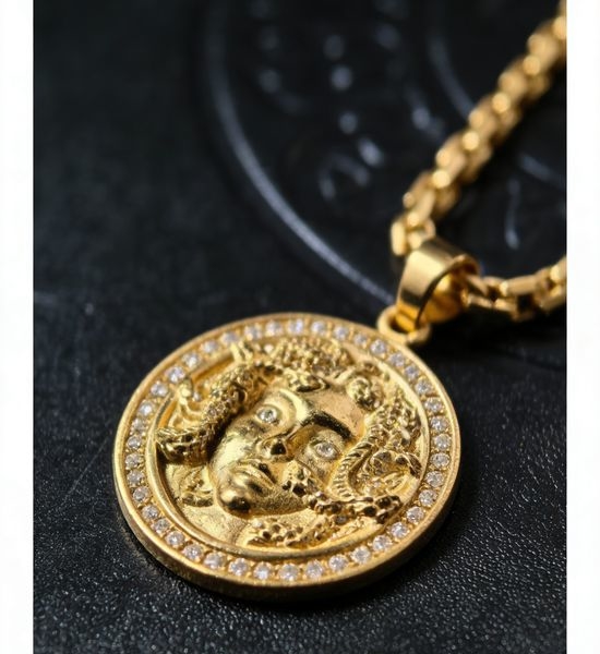 Chrome Hearts Medusa Gold Round Pendant Necklace