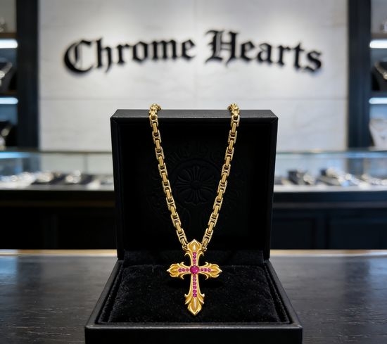 Chrome Hearts Pink Crystal Cross Pendant Necklace