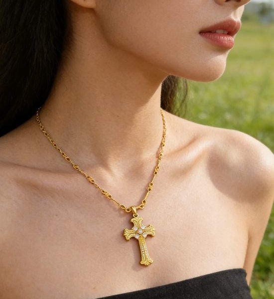 Chrome Hearts Rhinestone Cross Pendant Necklace