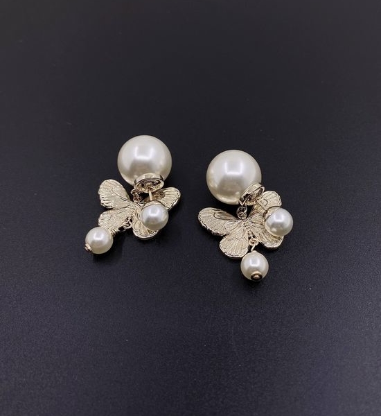 Christian Dior CD Butterfly Pearl Earrings Brass Accessories