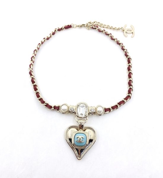 Chanel Leather Square Diamond Heart Pendant Necklace