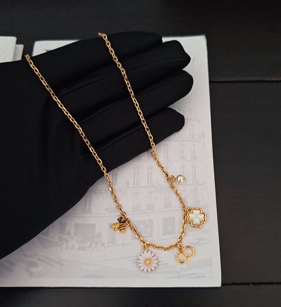 Christian Dior CD Pink Flower Pendant Necklace Brass Material