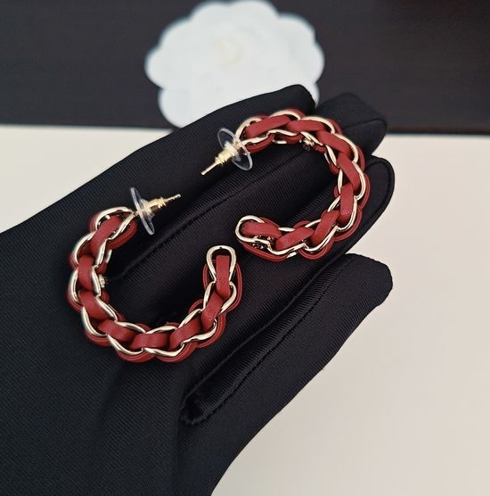 Chanel Red Leather Twist Ear Hooks Brass