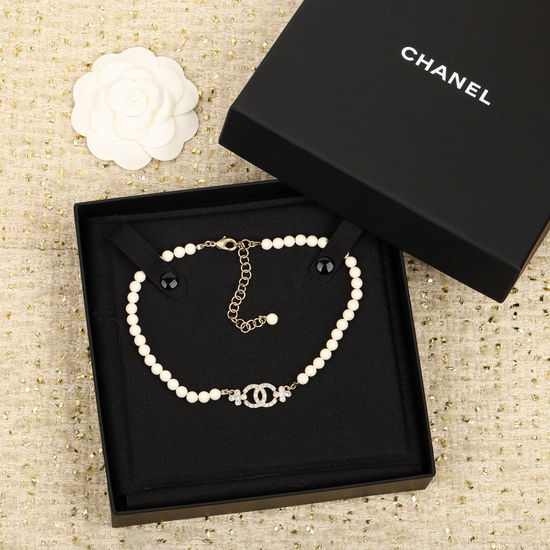 Chanel Pearl Crystal Choker Necklace Bracelet Set