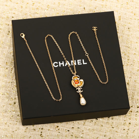Chanel Camellia Drop Bead Pendant Necklace