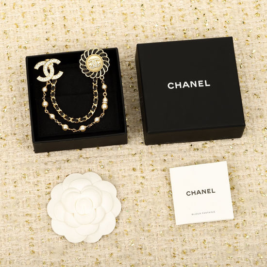 Chanel Leather Woven Pearl Chain Brooch